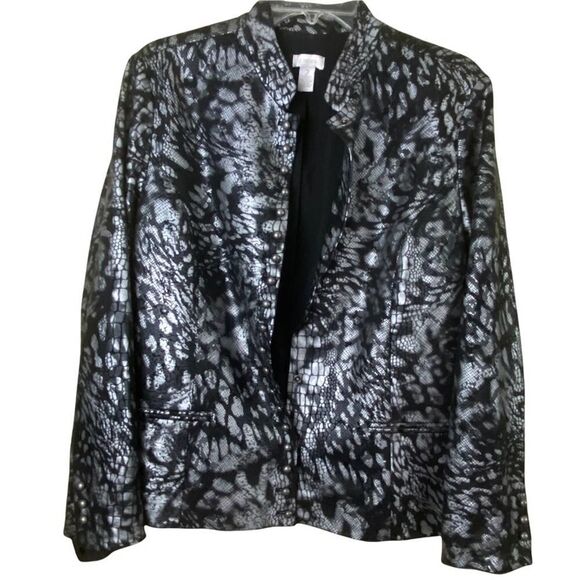 Chico’s Black Silver Metallic Snake Print Snap Button Down Jacket Size Medium 2 - Picture 2 of 7